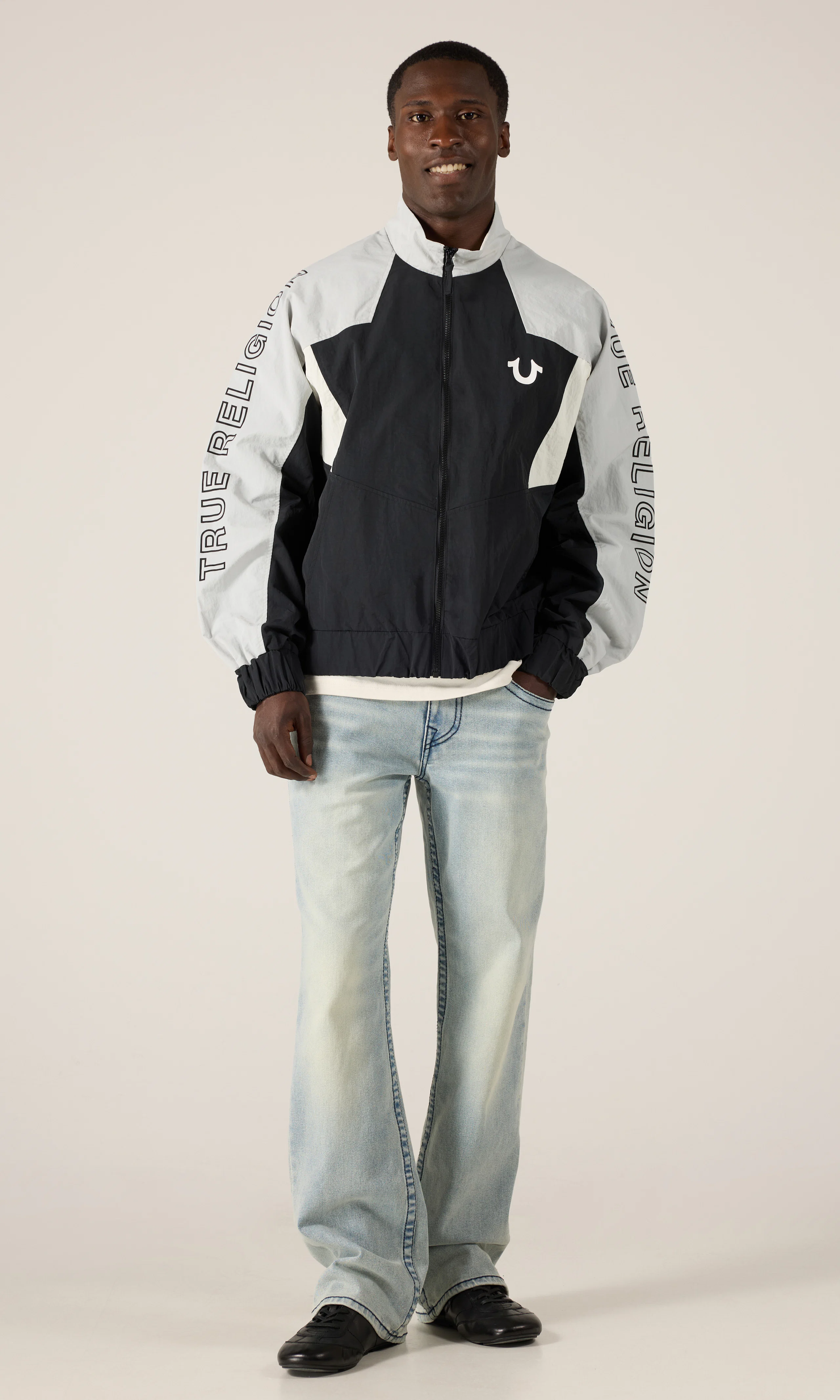 Colorblock Nylon Track Jacket. Front 1. Model.