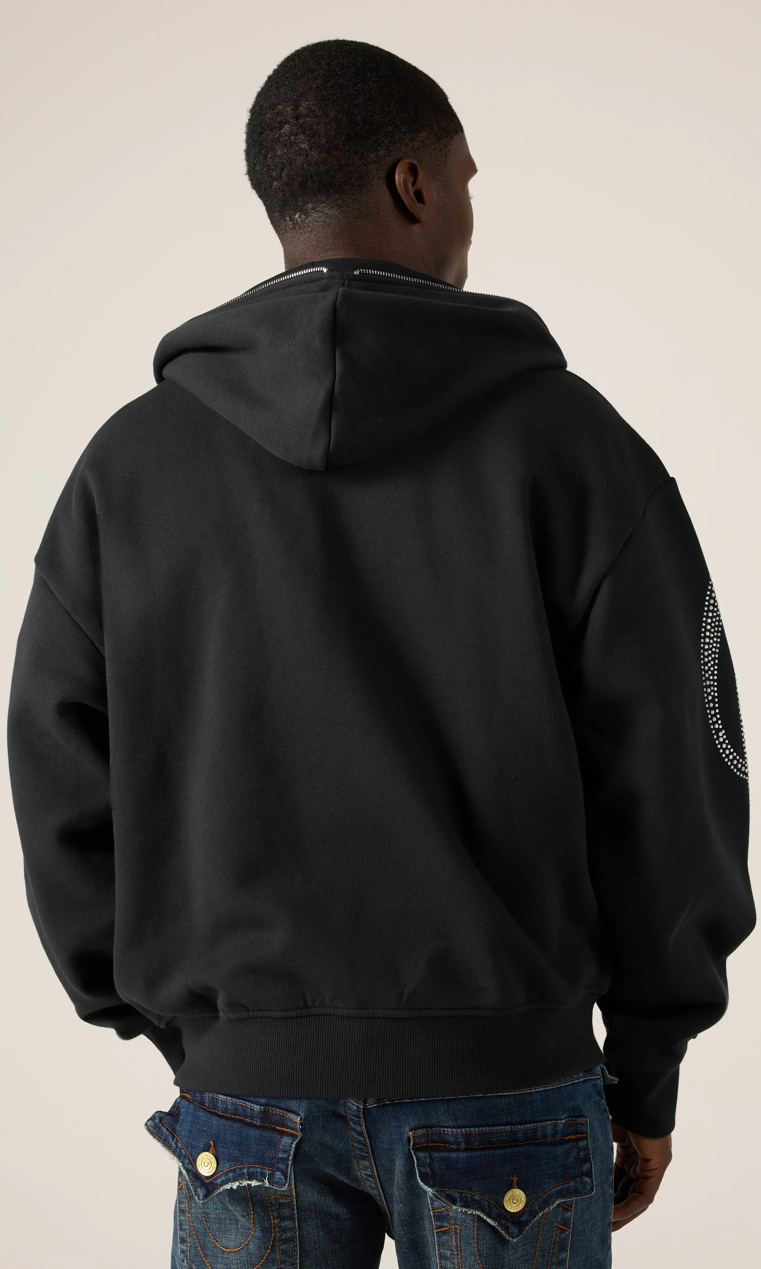 Crystal Script Boxy Zip Hoodie. Back. Model.