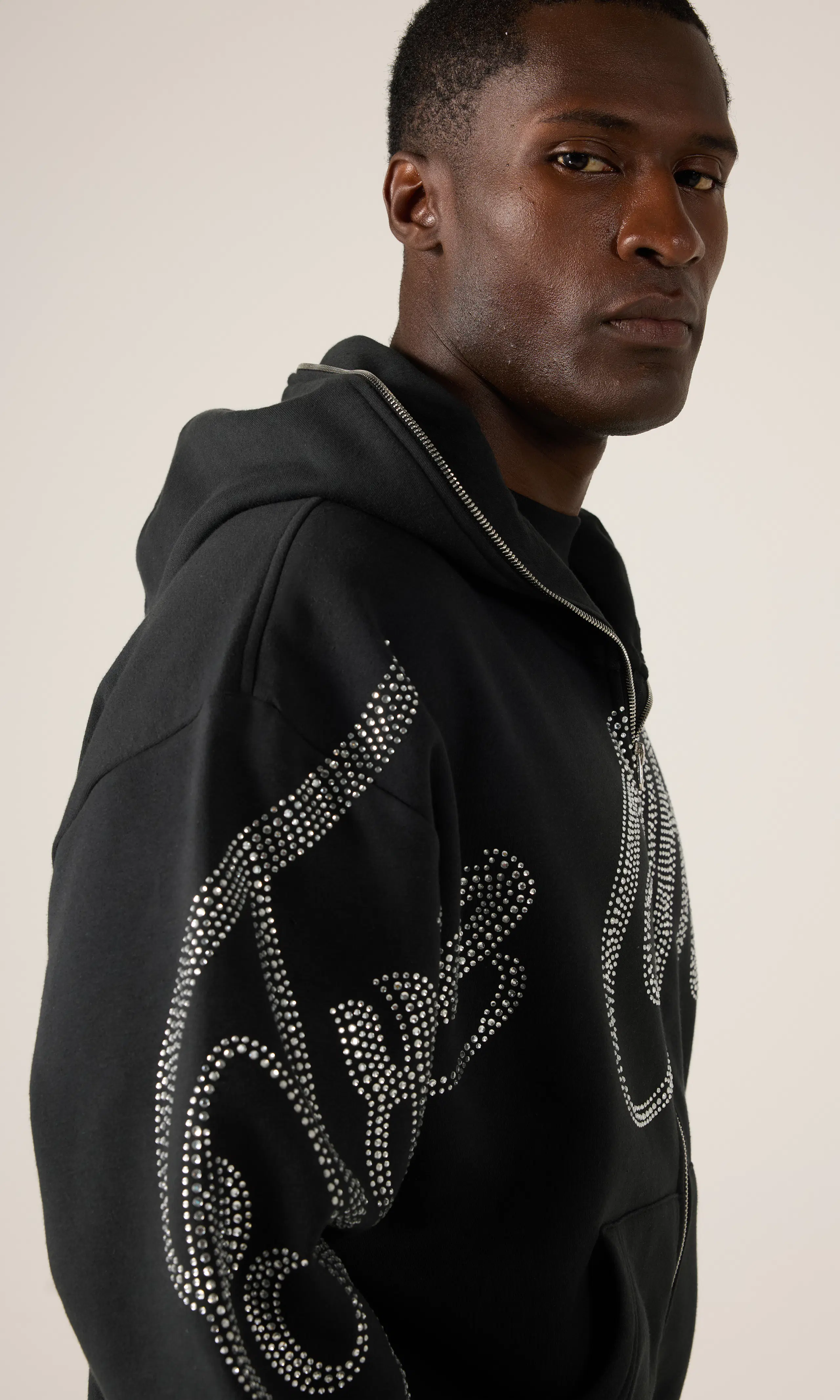 Crystal Script Boxy Zip Hoodie. Detail 1. Model.