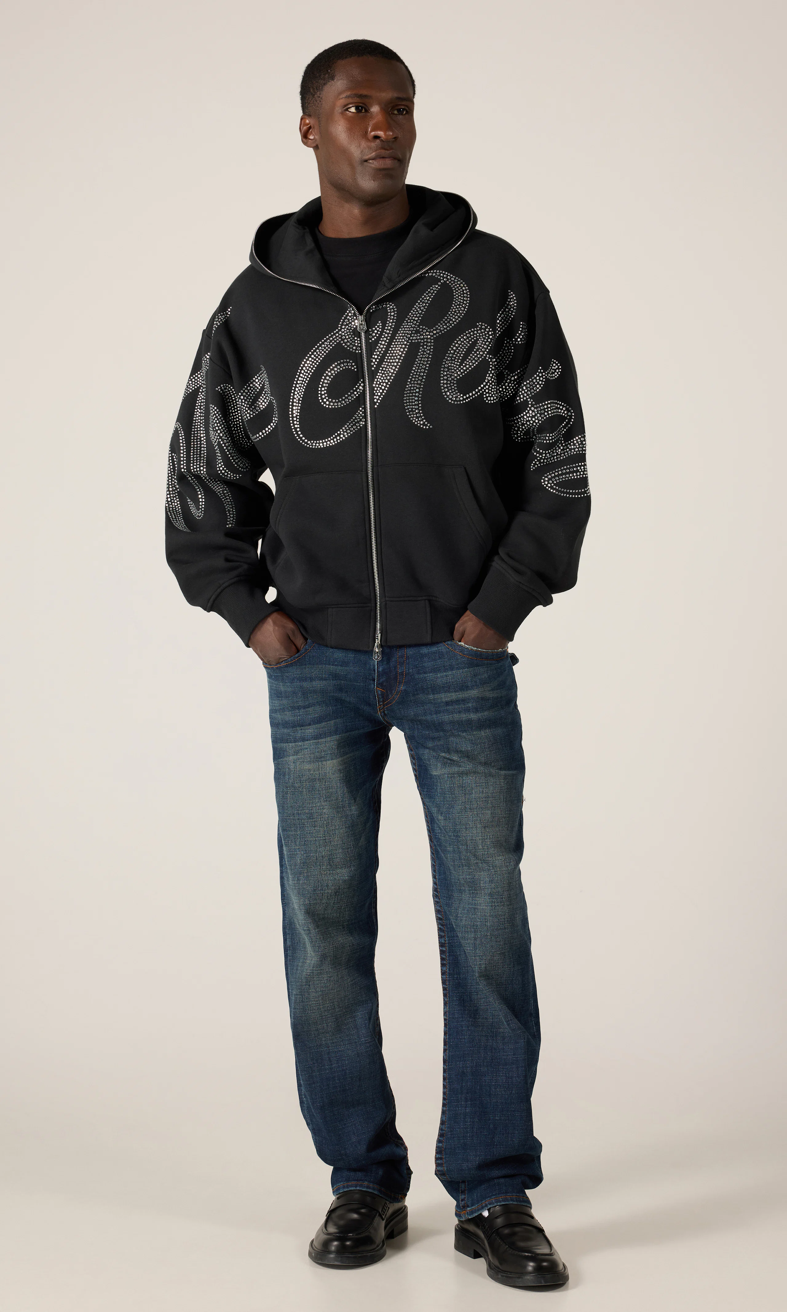 Crystal Script Boxy Zip Hoodie. Front 1. Model.