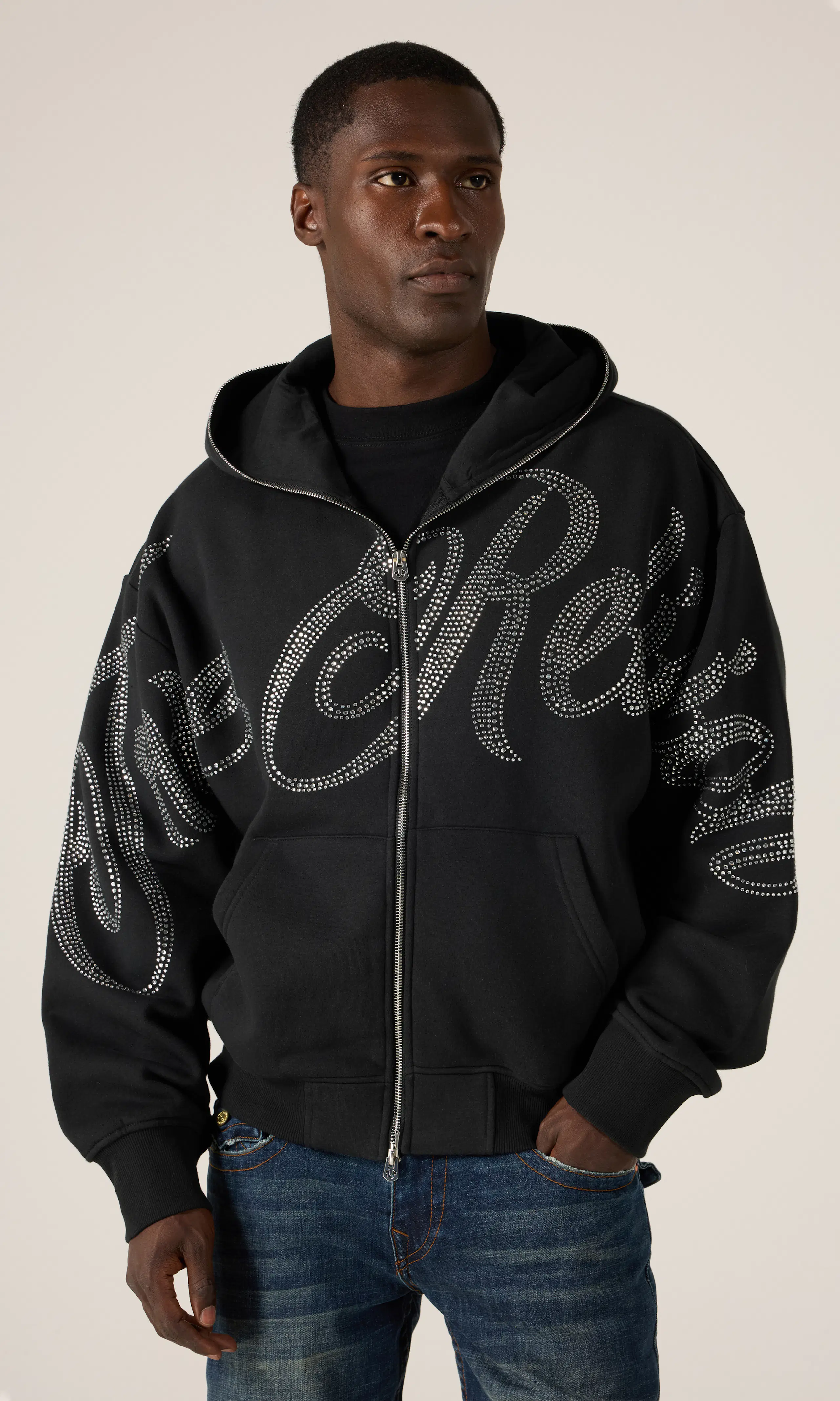 Crystal Script Boxy Zip Hoodie. Front. Model.