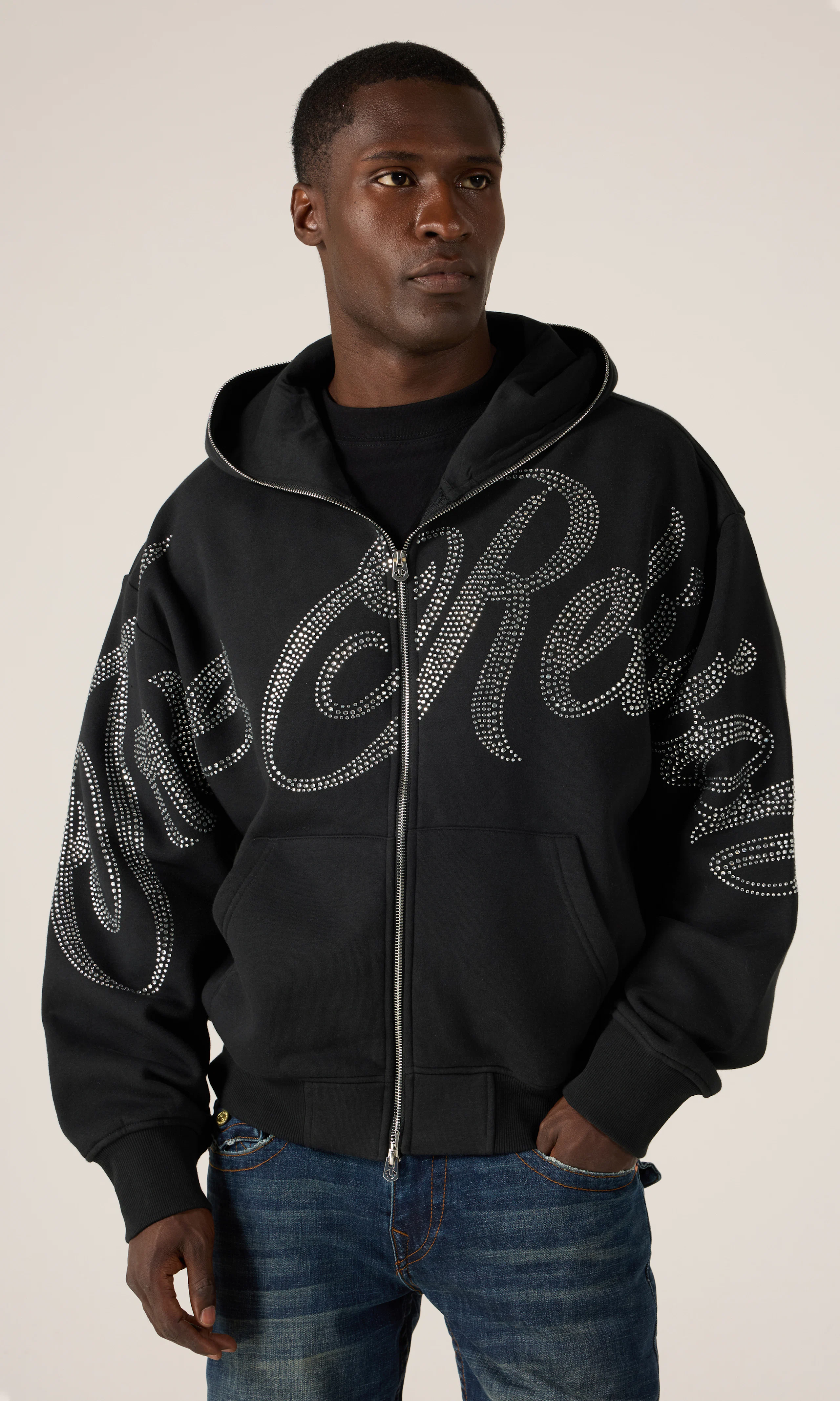 Crystal Script Boxy Zip Hoodie. Front. Model.