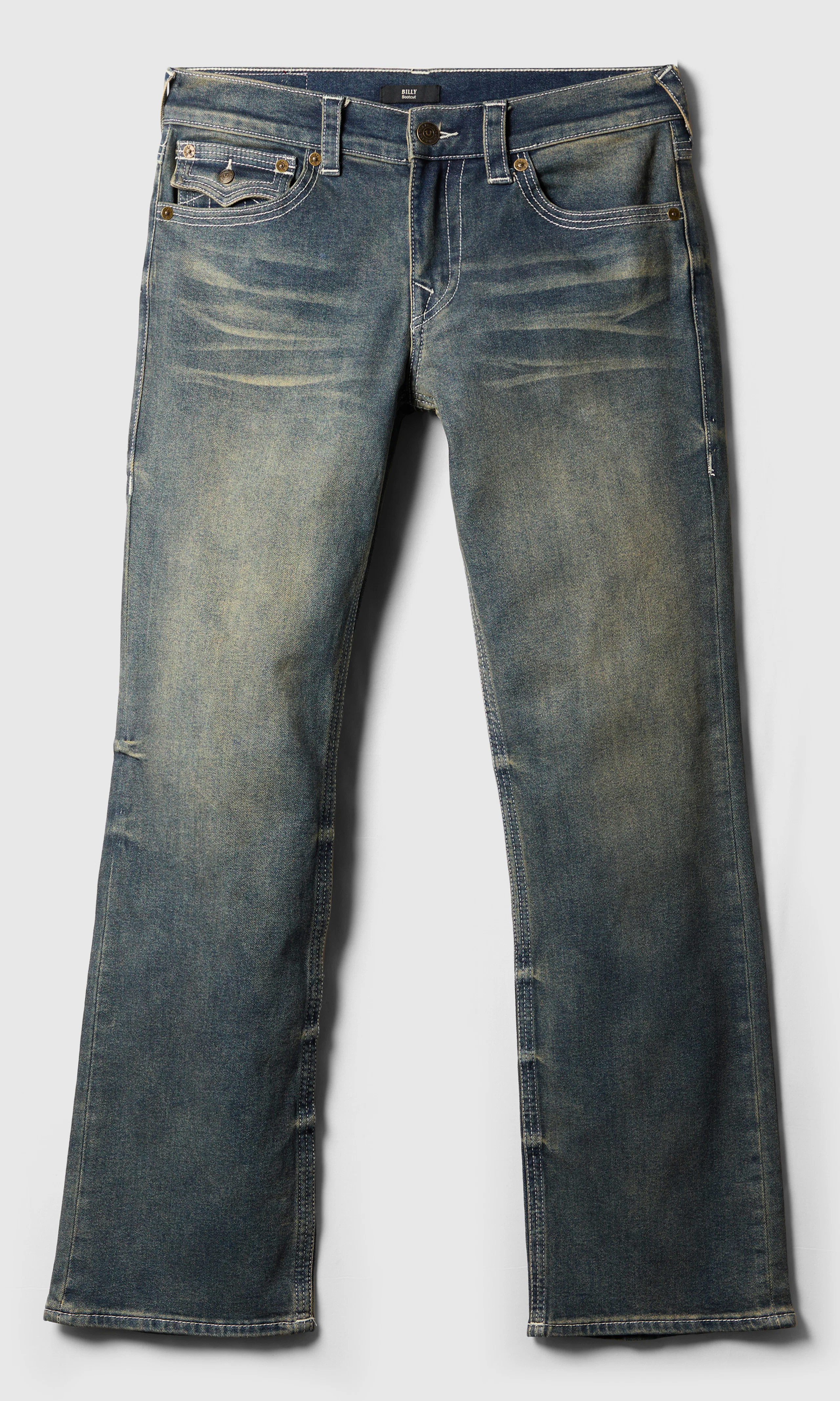 Billy Single Needle Flap Jeans. Front. Flat.