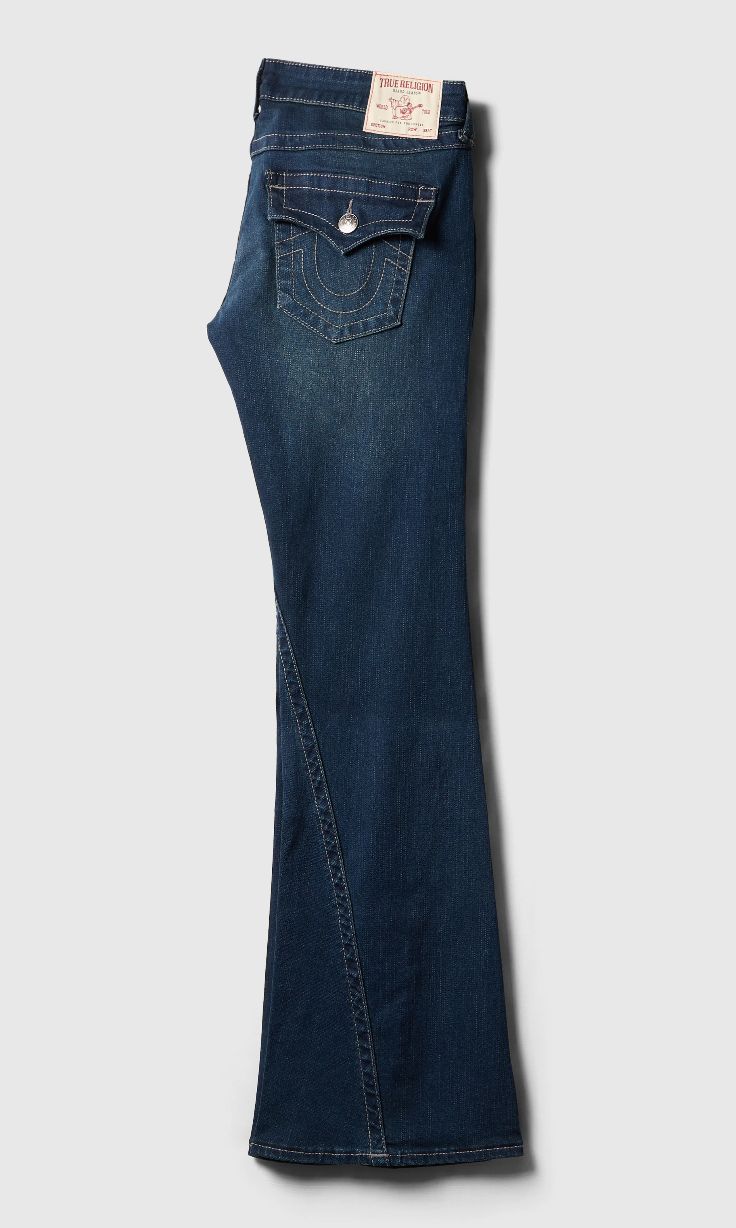 Joey Low Rise Flare Flap Jeans. Back. Flat.