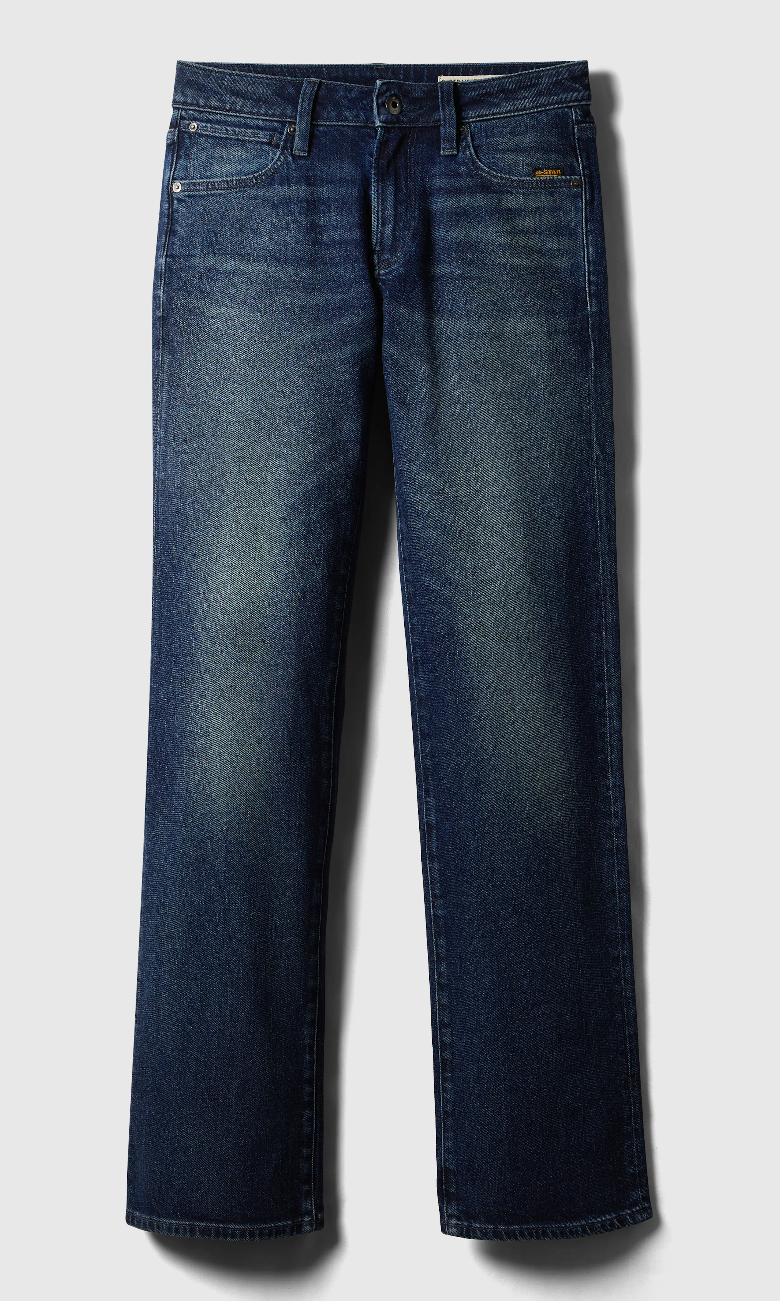 G-Straight Mørk Blå Jeans. Front. Flat.