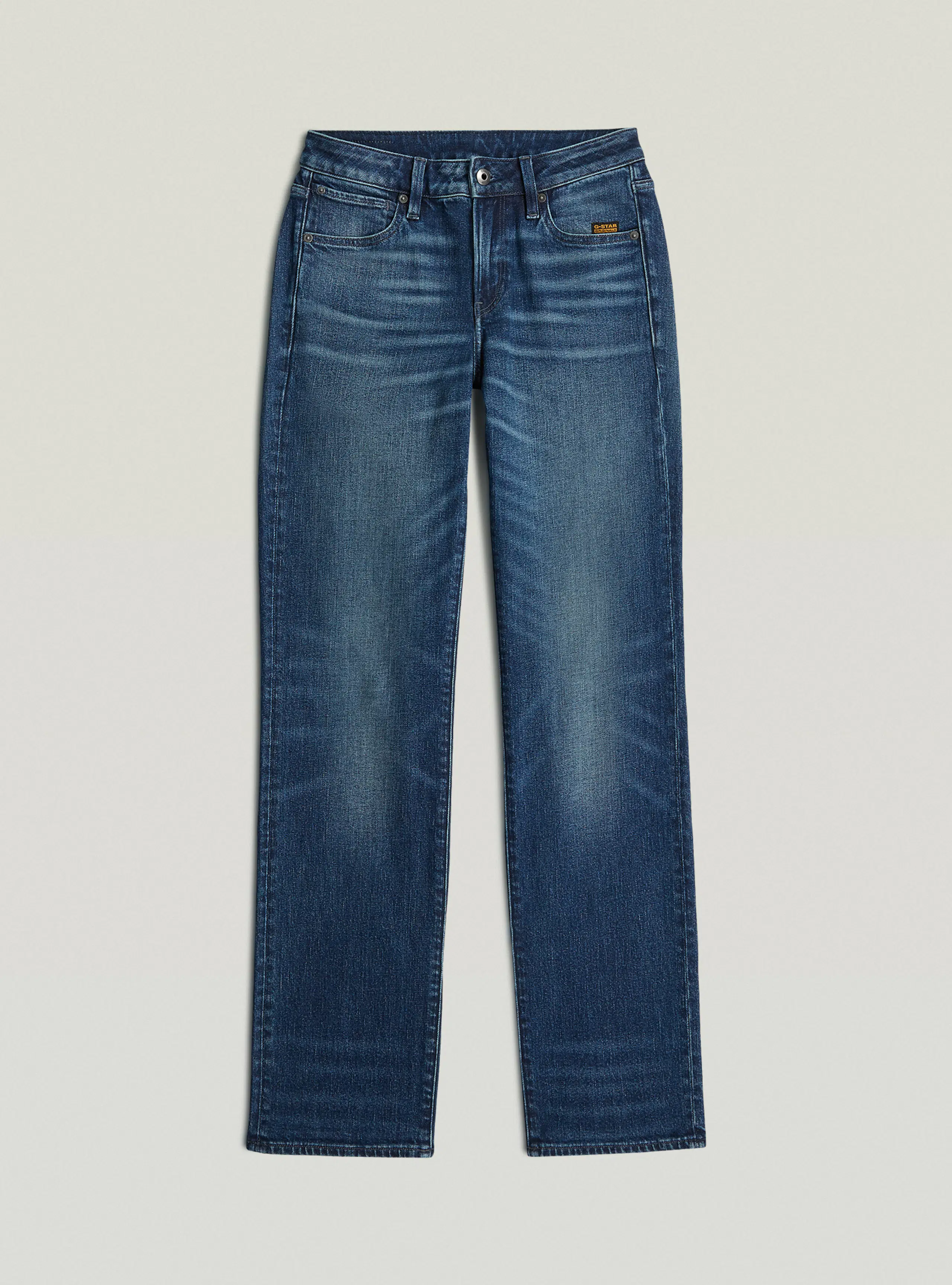 G-Straight Mørk Blå Jeans. Front. Flat.