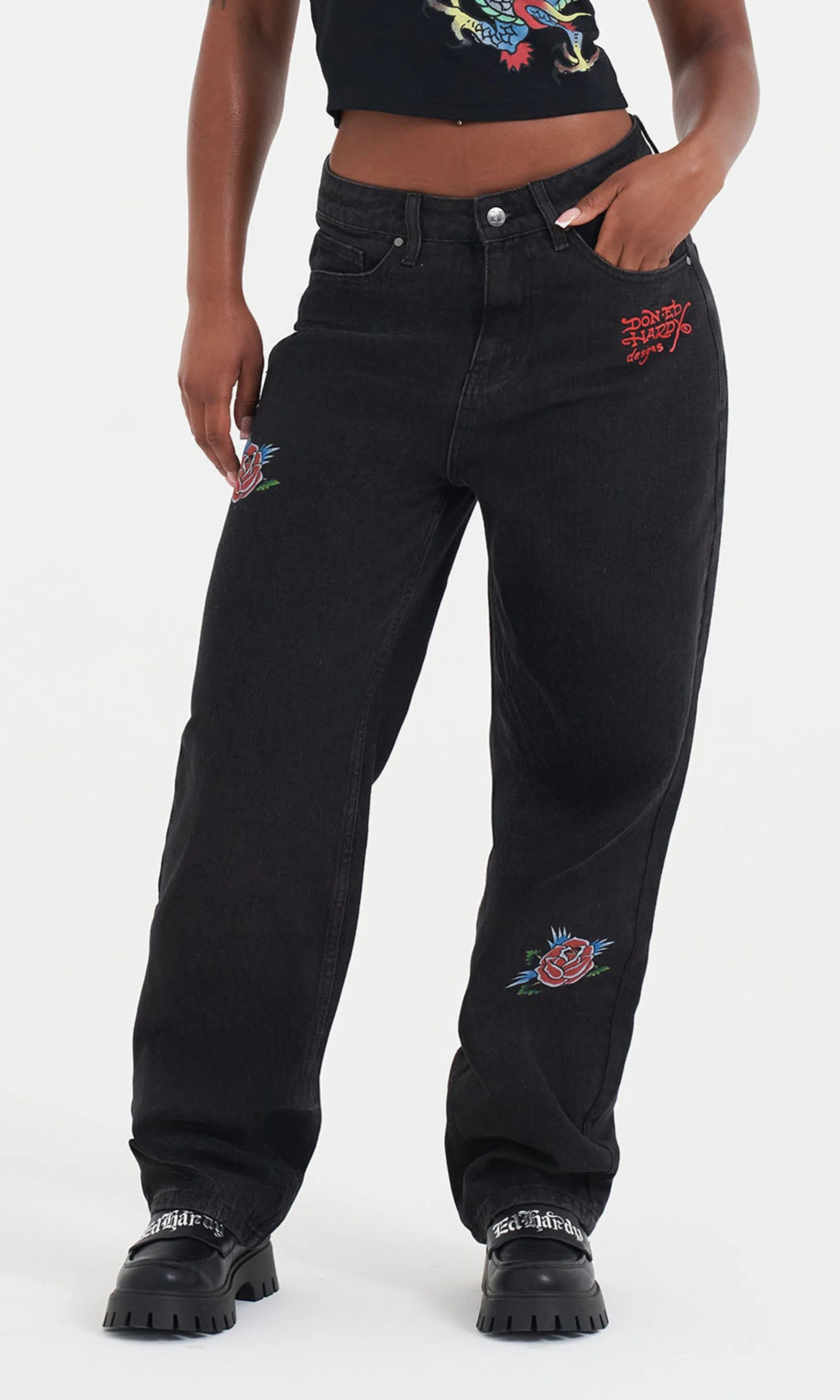 Blooming Death Relaxed Jeans. Front. Model.