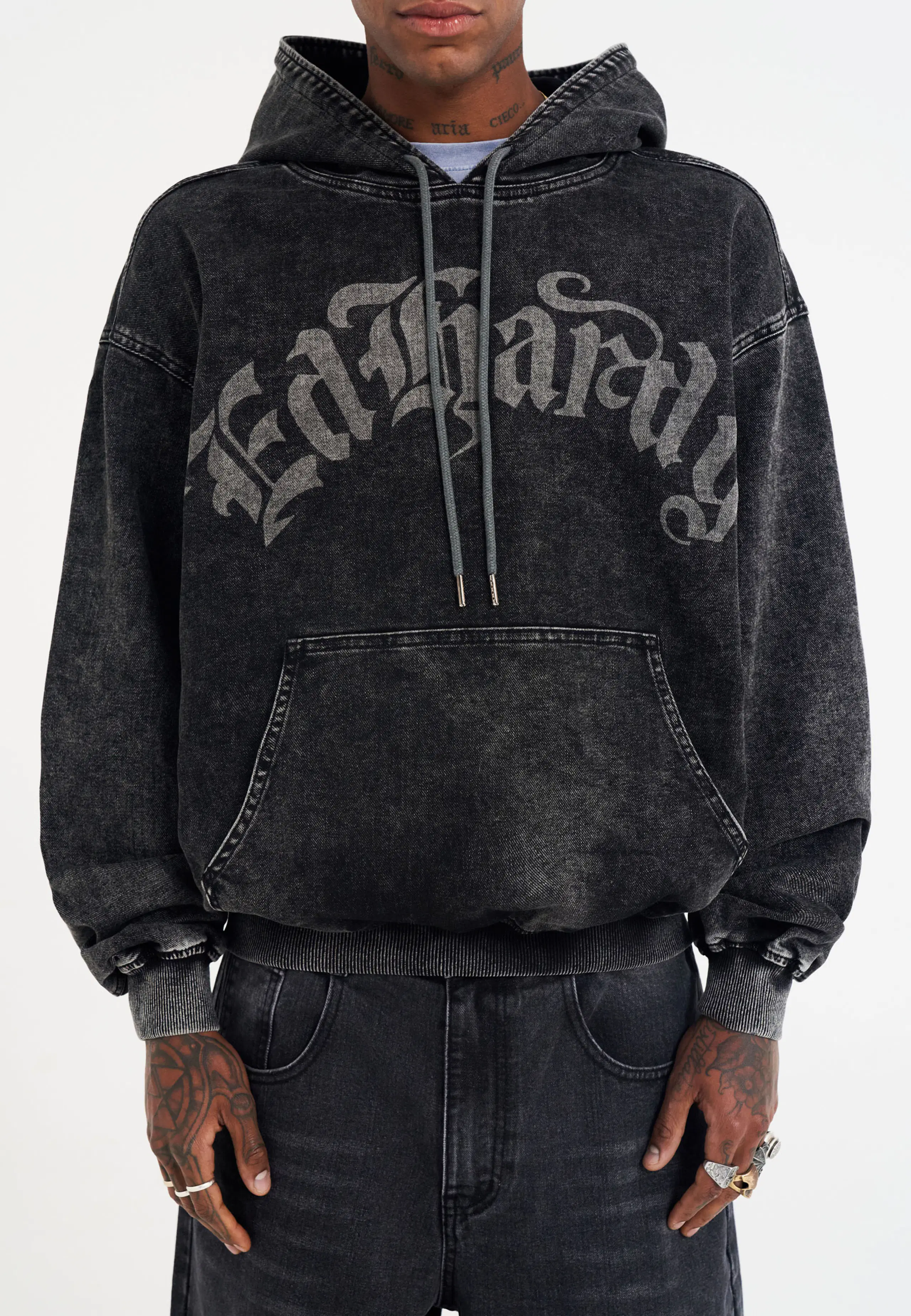 Death Rider Graphic Denim Pouch Huppari. Front. Model.