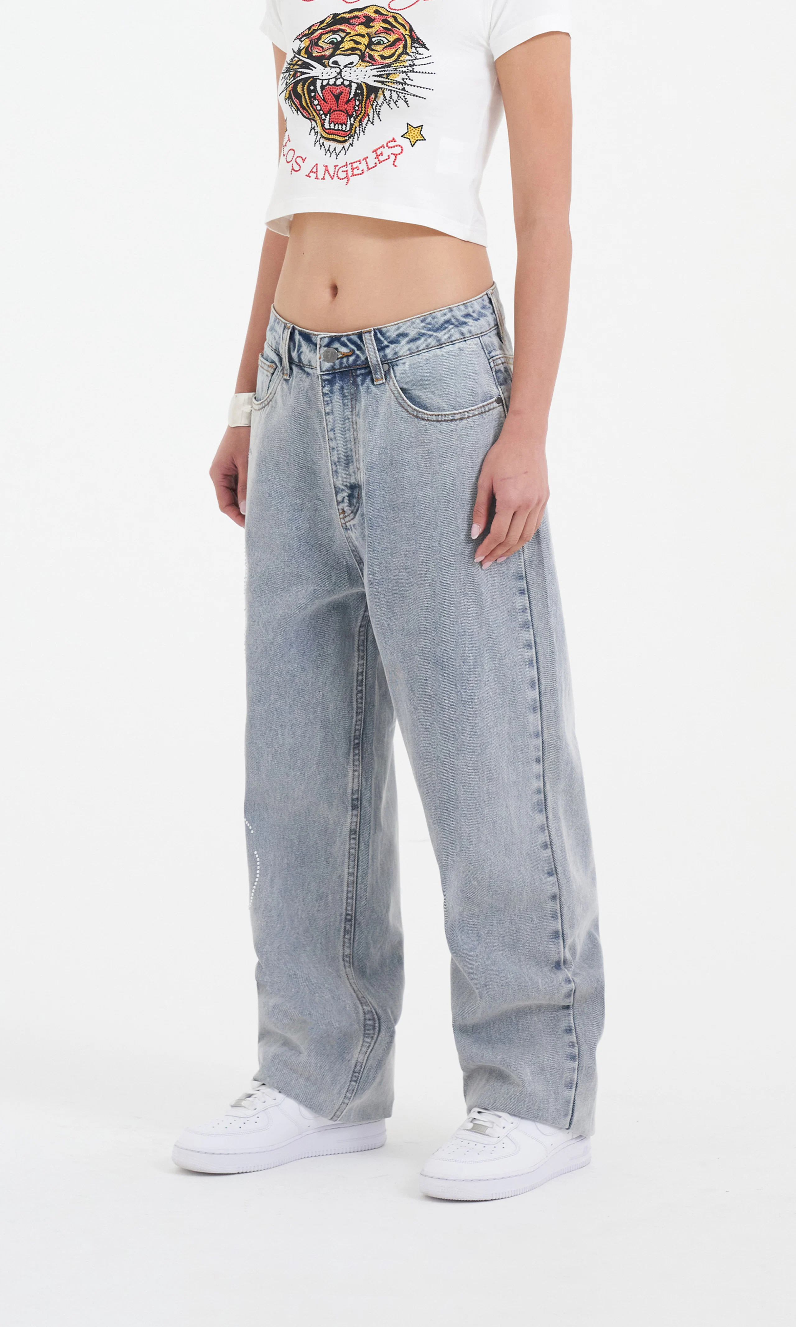 Crystal Roar Diamante Relaxed Jeans. Front 1. Model.