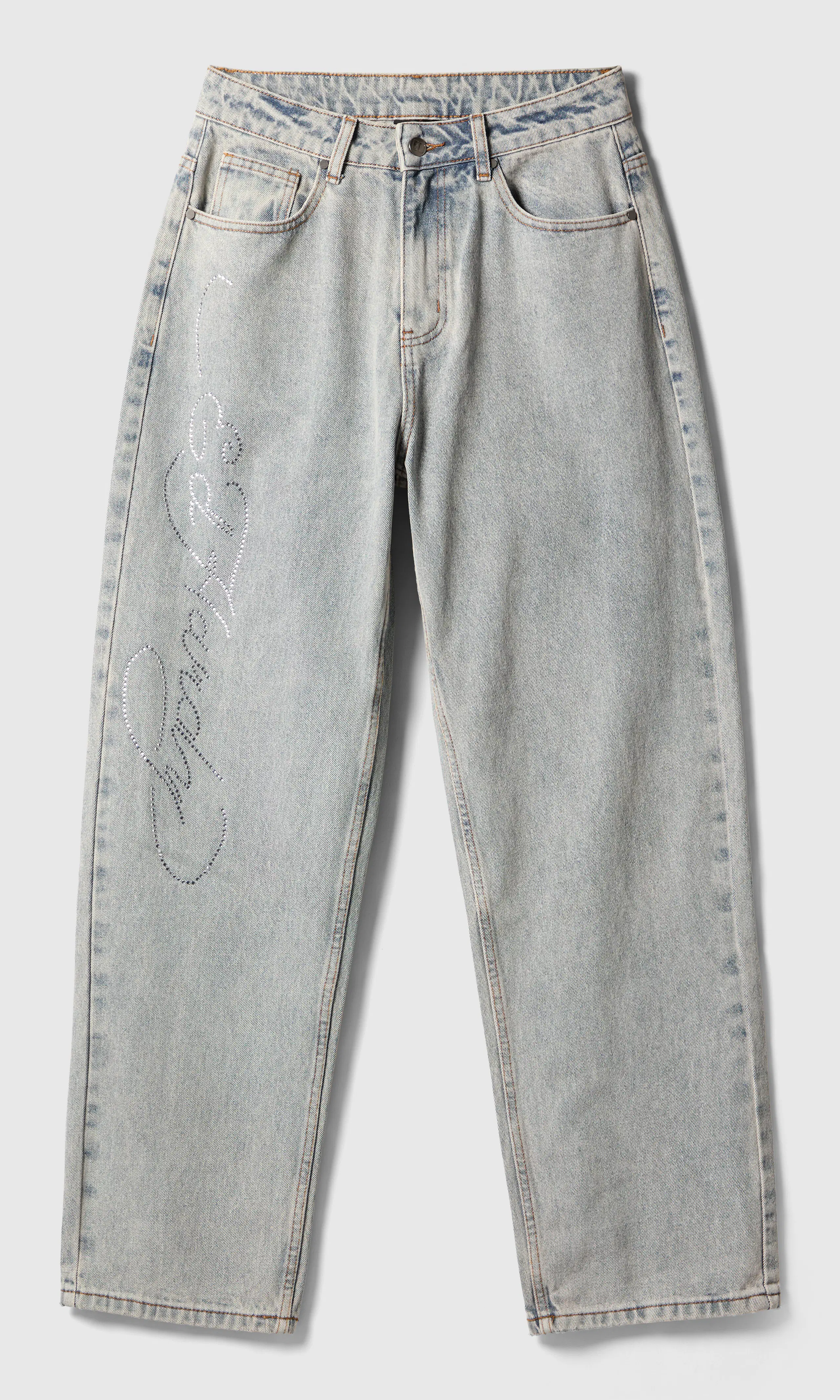 Crystal Roar Diamante Relaxed Jeans. Front. Flat.