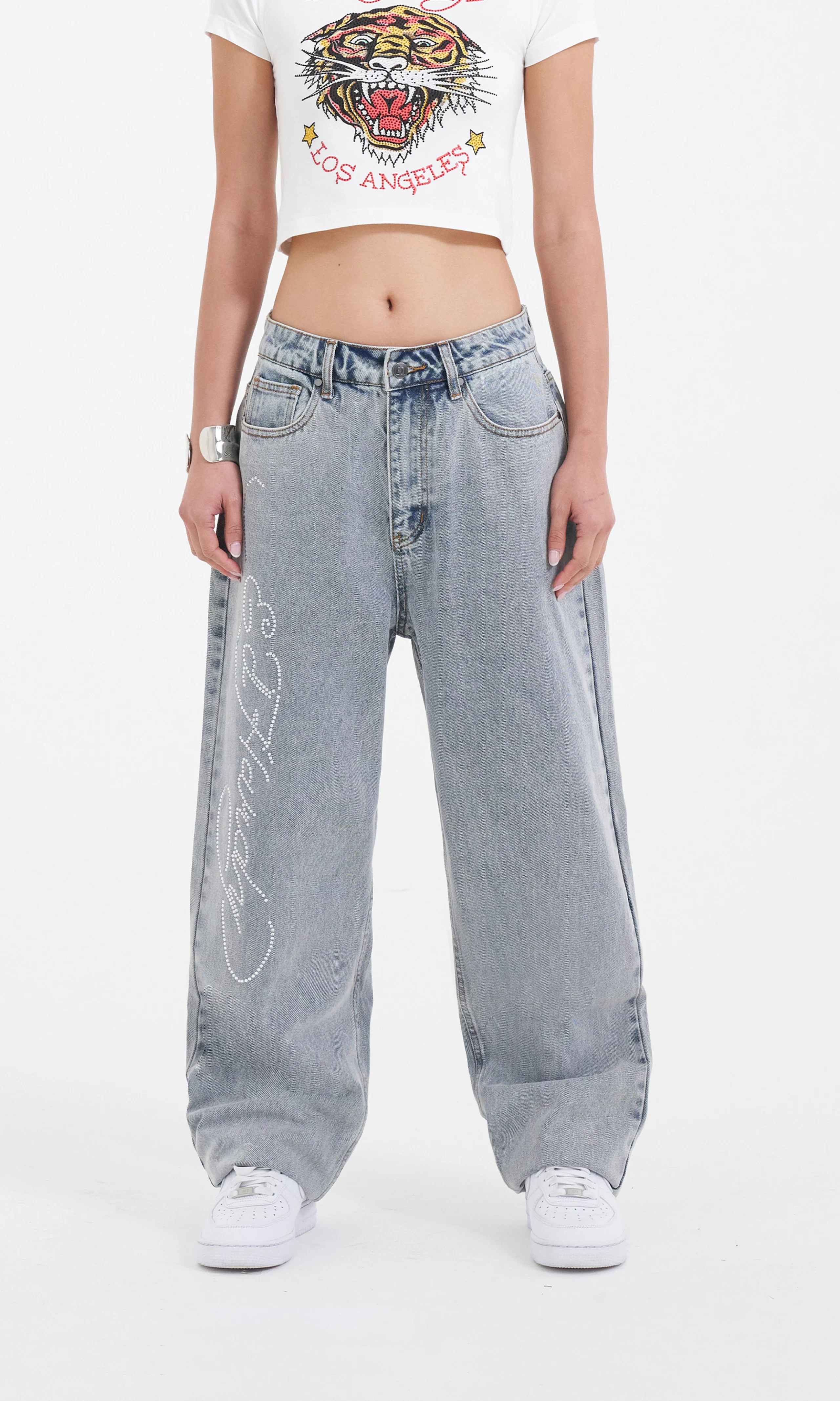 Crystal Roar Diamante Relaxed Jeans. Front. Model.
