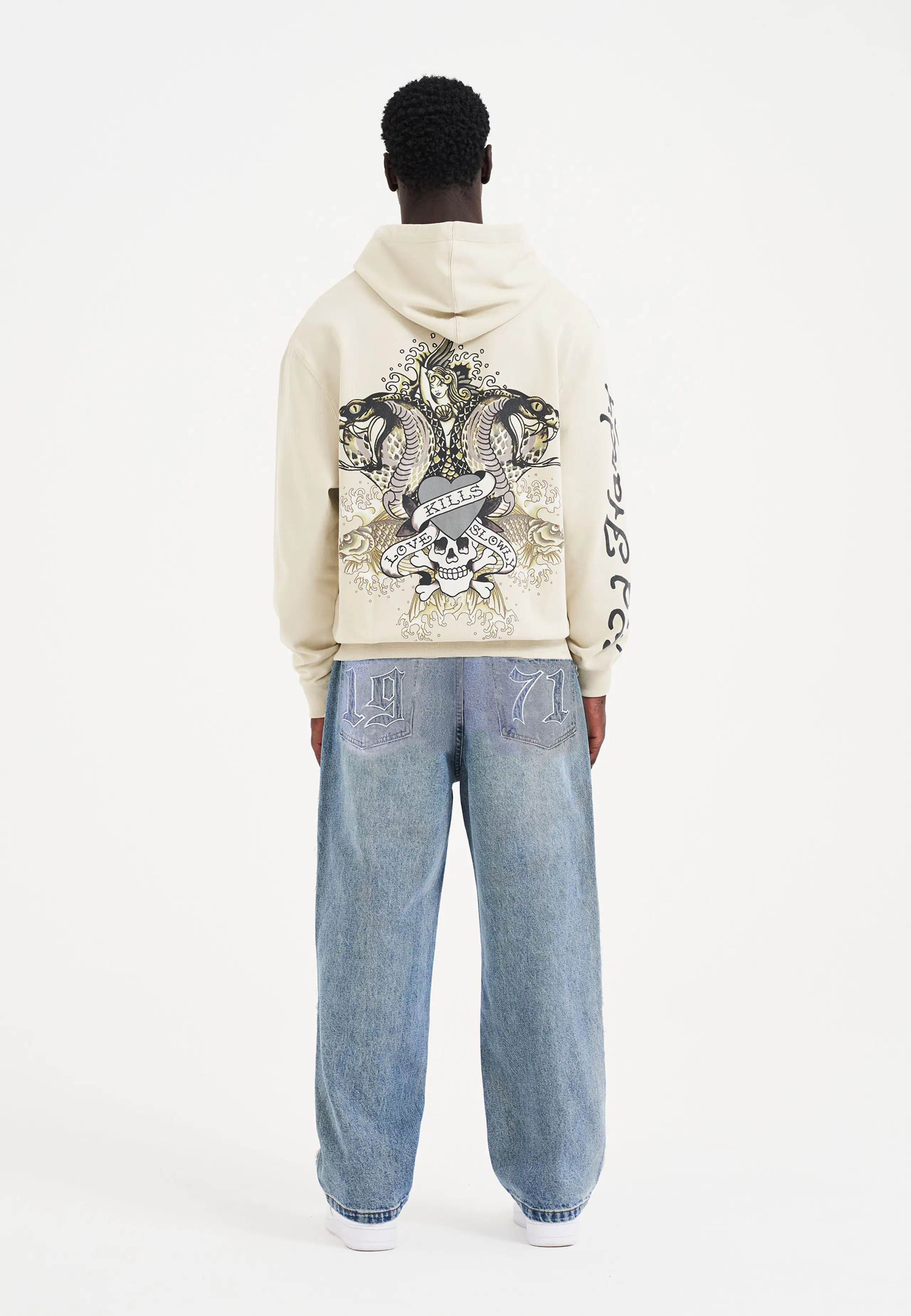 Gothic Frayed Panel Jeans. Back. Model.