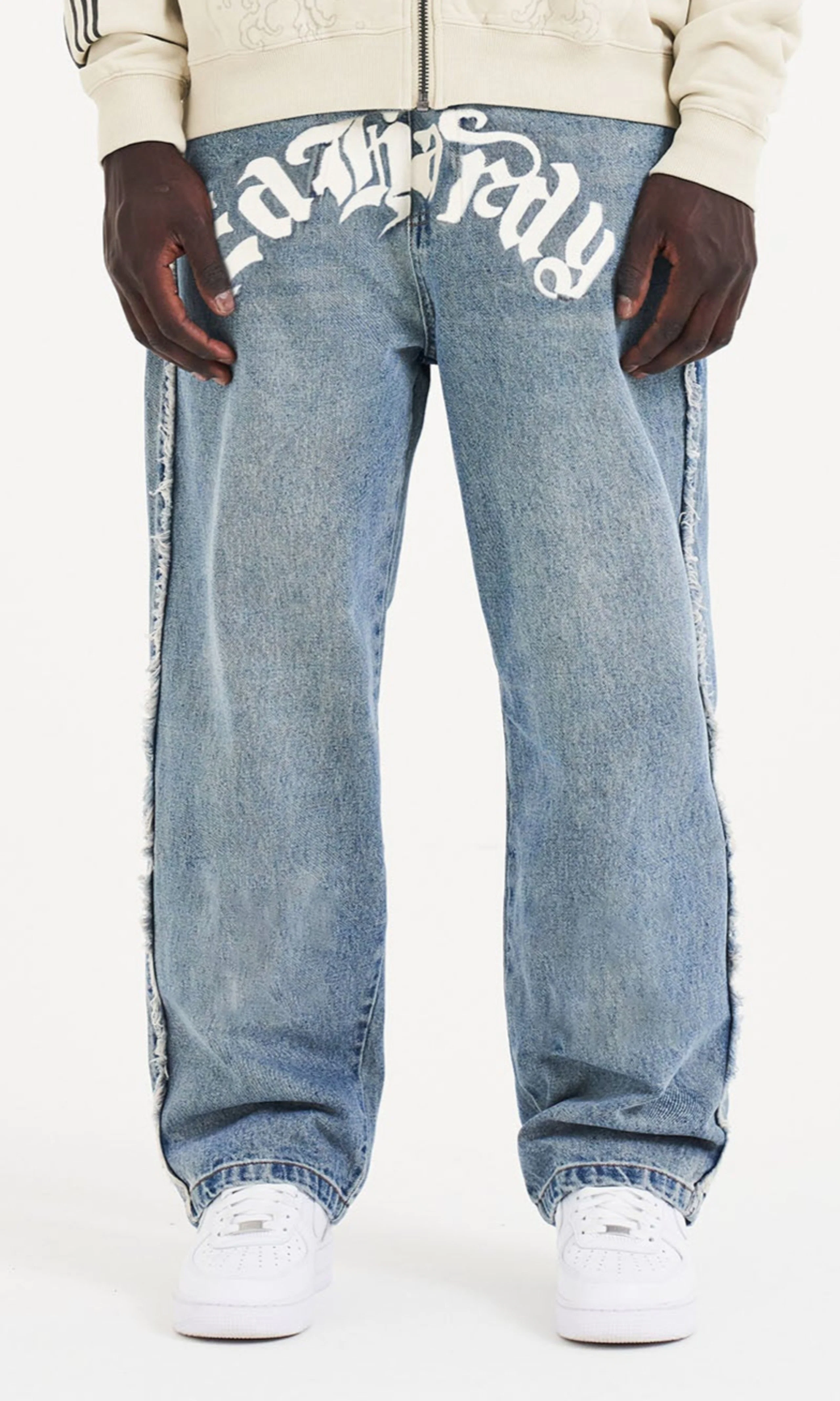 Gothic Frayed Panel Jeans. Front. Model.